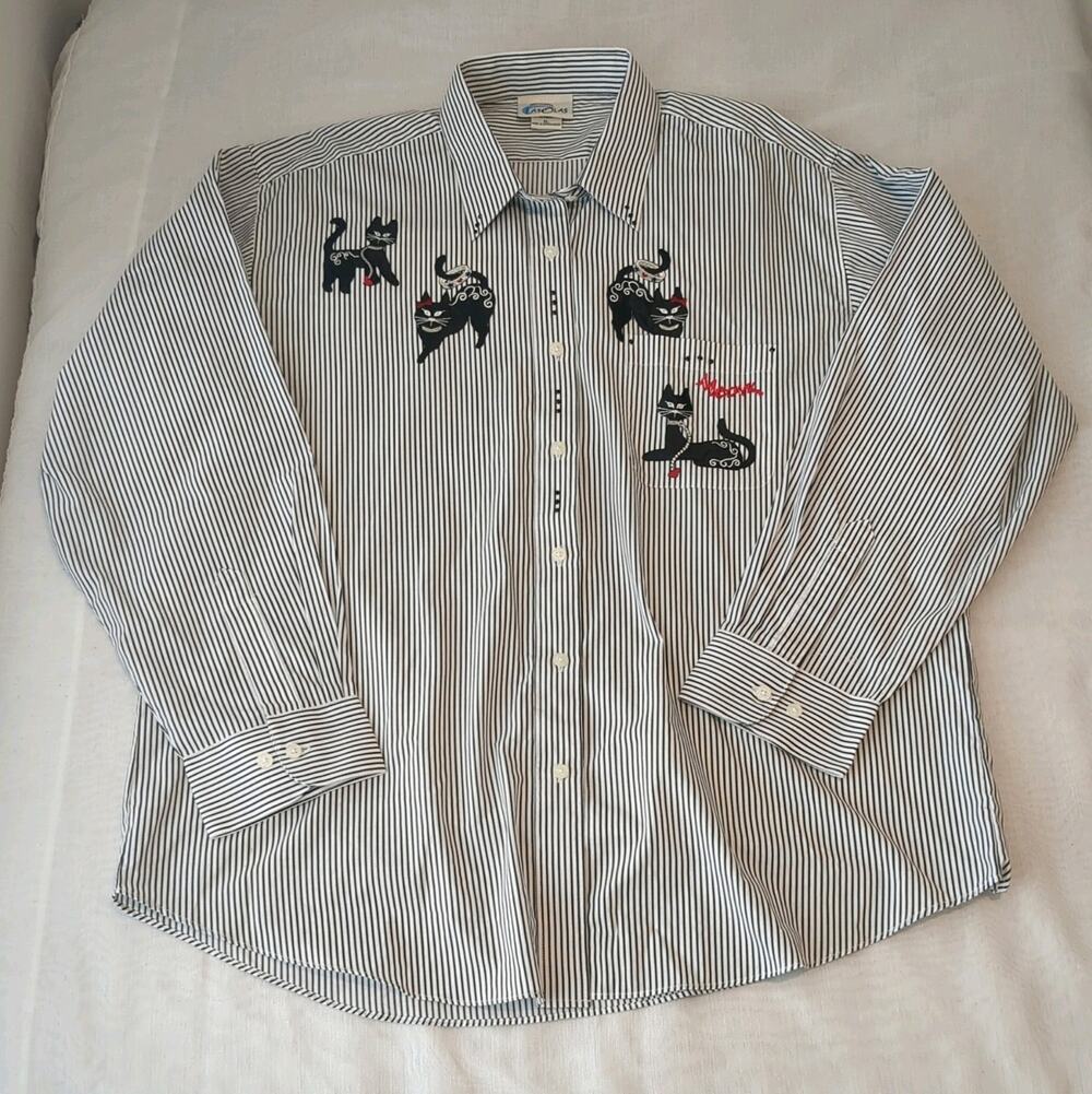 Las Olas Blouse Shirt White Black Striped Cats Meow Womens XL Statement Unique